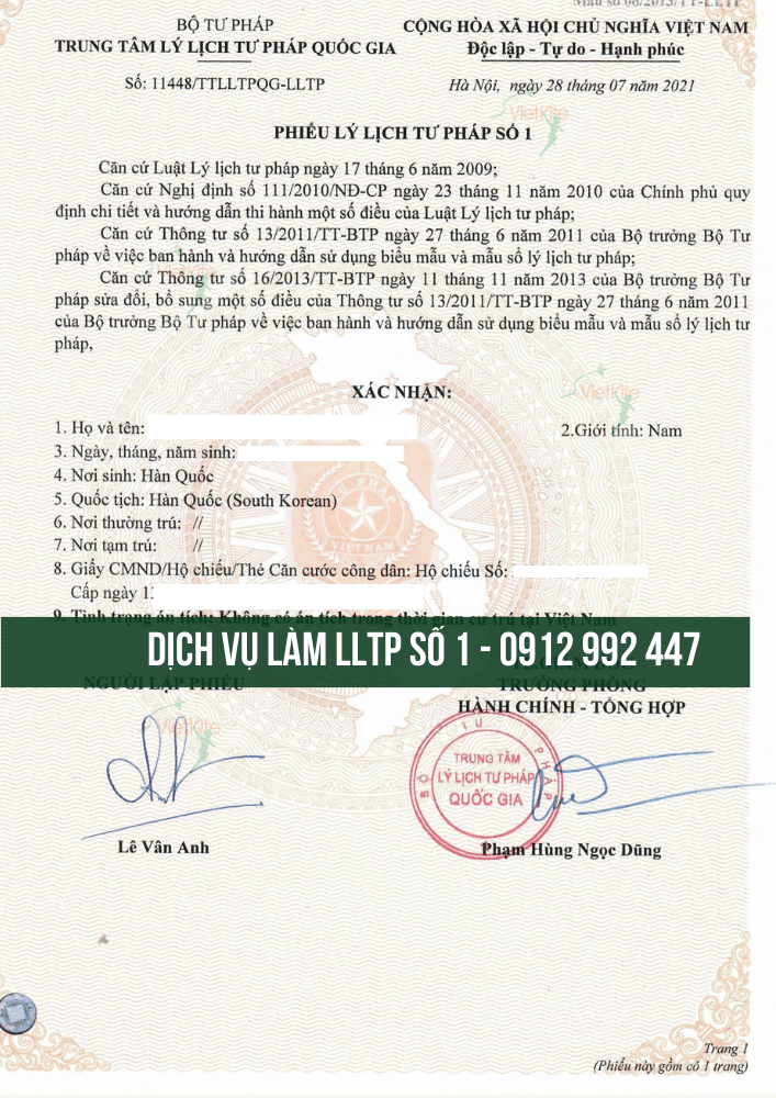 Dịch vụ làm lý lịch tư pháp cho người nước ngoài lấy gấp LLTP số 1